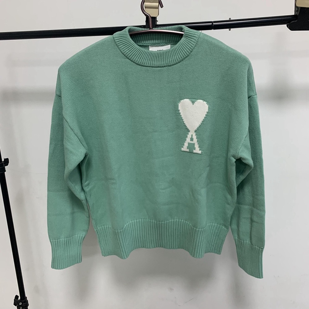 Ami Mint Green Sweater with White Heart Motif